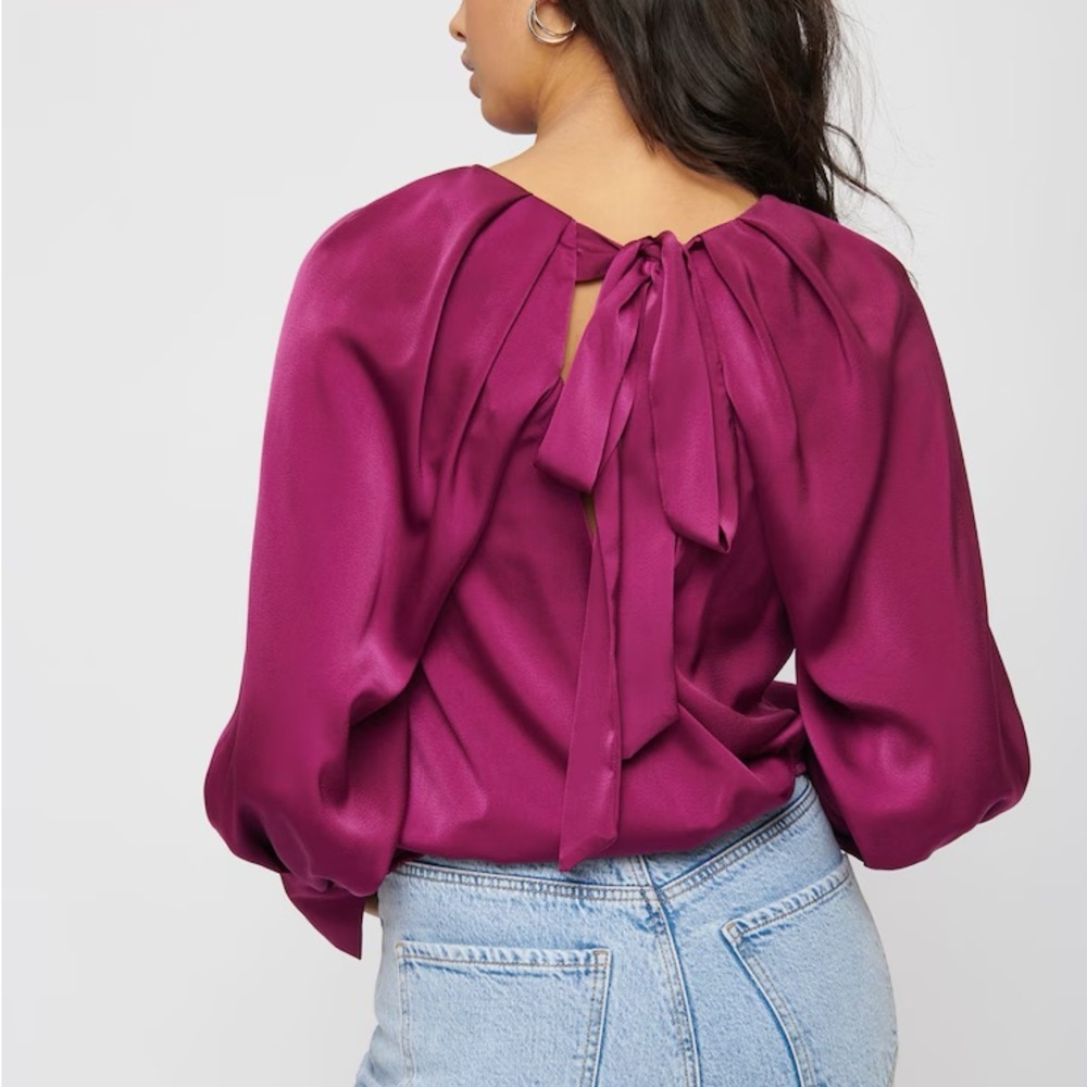 Magenta Pink Tie-Back Blouse | Open Back | Balloon Sleeves | Size S